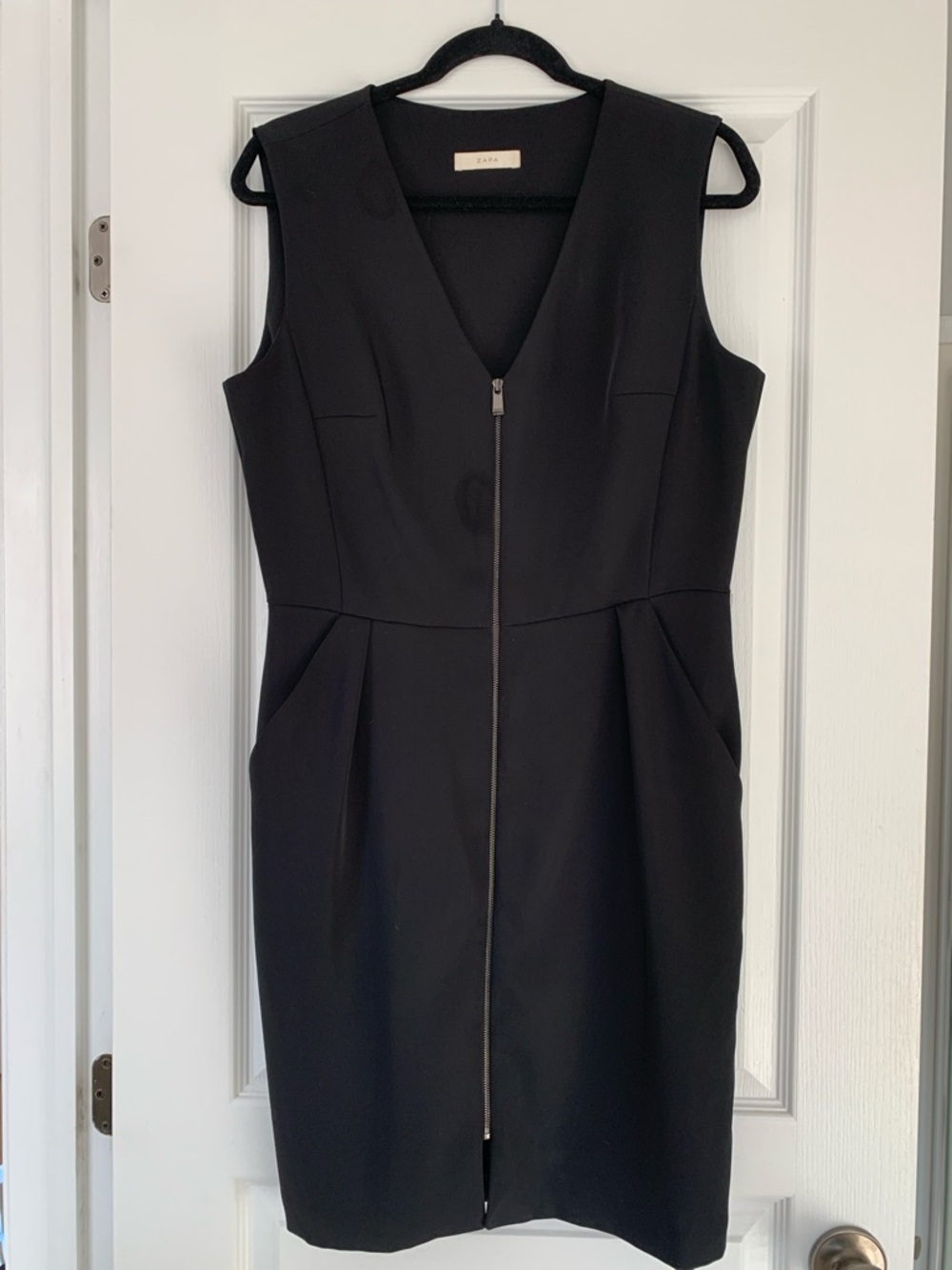 Tailored Black Sleeveless Midi Dress with Front Zip
